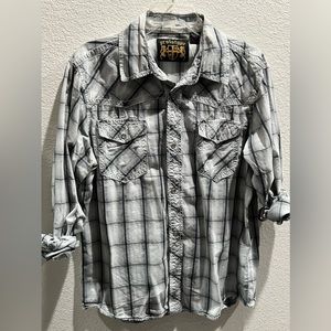 Prototype Mens Pearl Snap Shirt Long Sleeve White Gray Plaid Point Collar Large